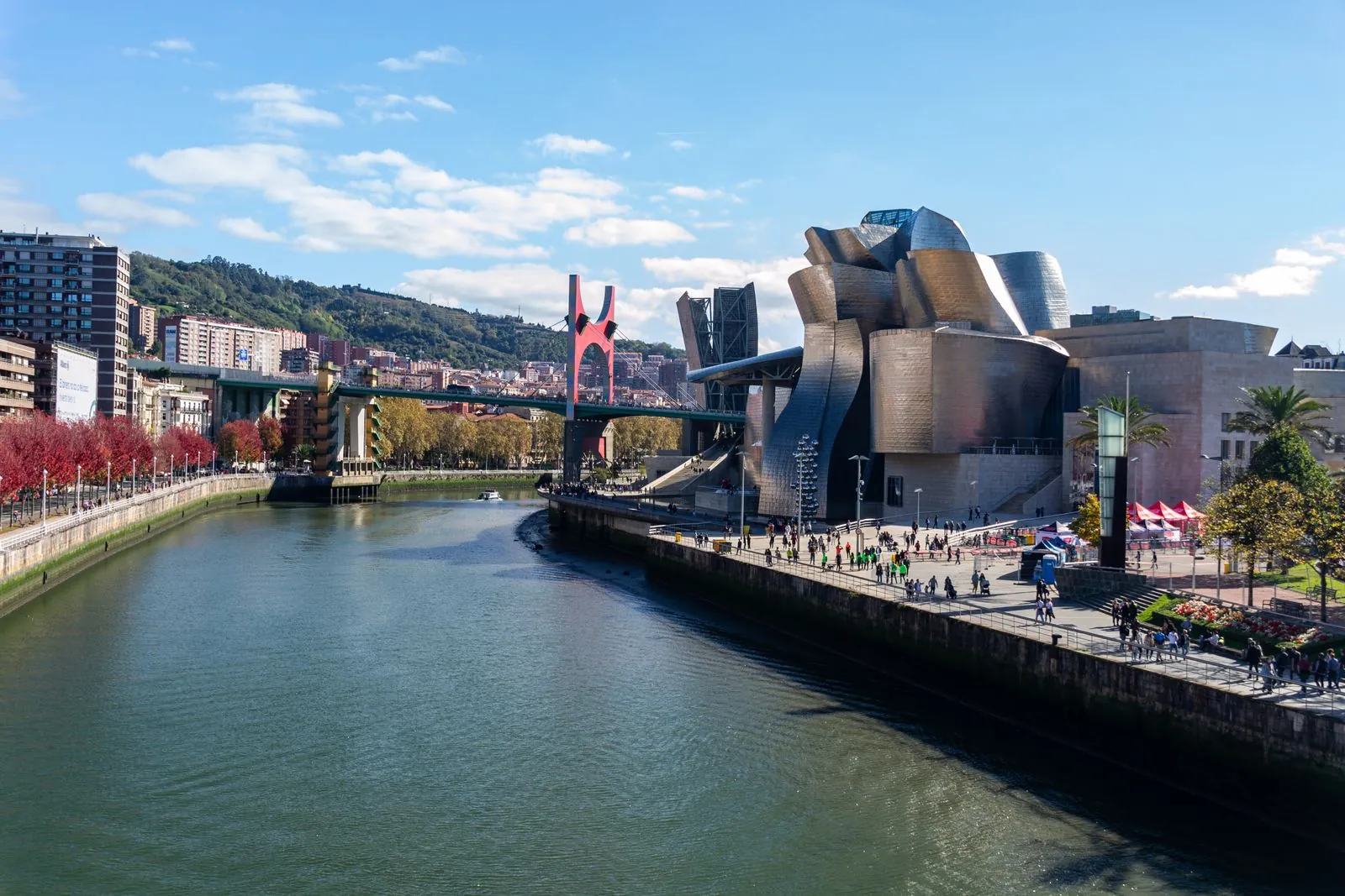 Wandelen met uitzicht op het Guggenheim Museum en de rivier