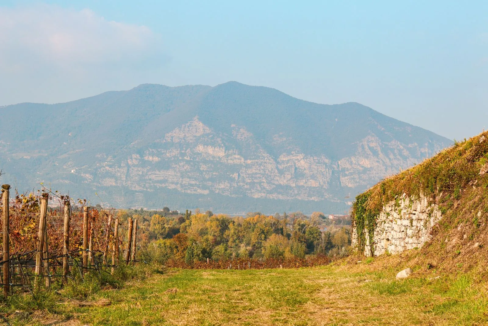 Wandelen door de terrasvormige wijngaarden van Franciacorta in Lombardije